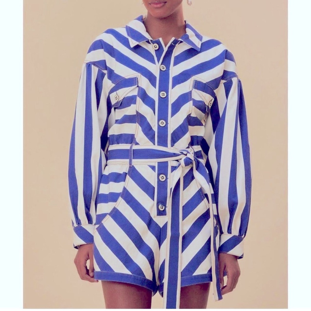 Blue and white Farm Rio short romper/jumpsuit.